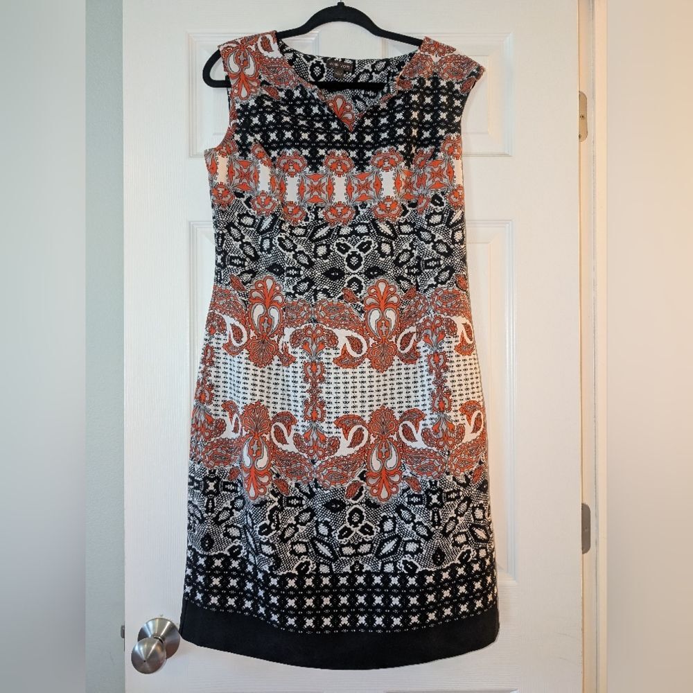 Voir Voir Retro Abstract Geometric Paisley Sleeveless Midi Dress Orange & Black